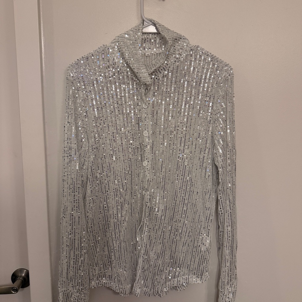 Silver Sequin Button-Up Shirt ✨